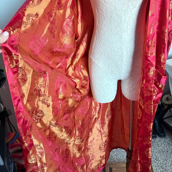 Kimono Style Robe Red Gold Dragon All Over Print Long Silk (?)Lounge Asian L - Picture 7 of 13